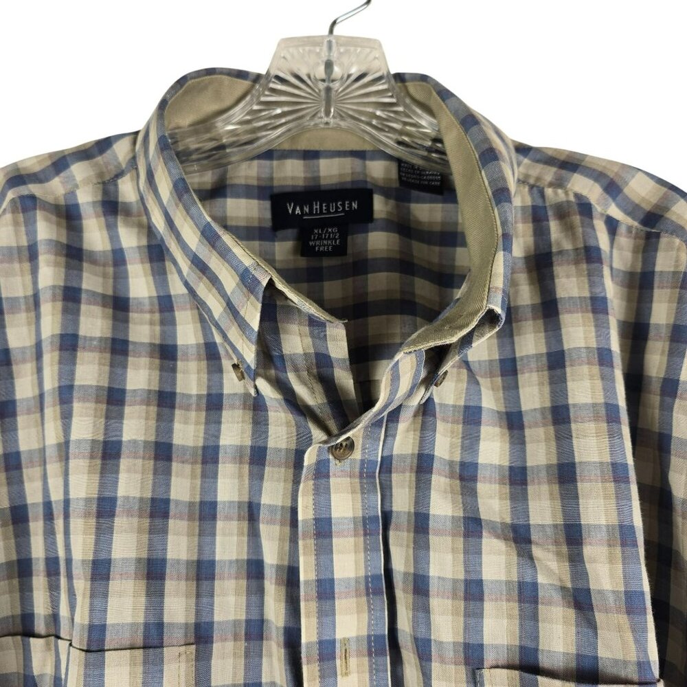 Van Heusen Mens Shirt XL Short Sleeve Plaid Blue Brown Wrinkle Free Blend jh1848